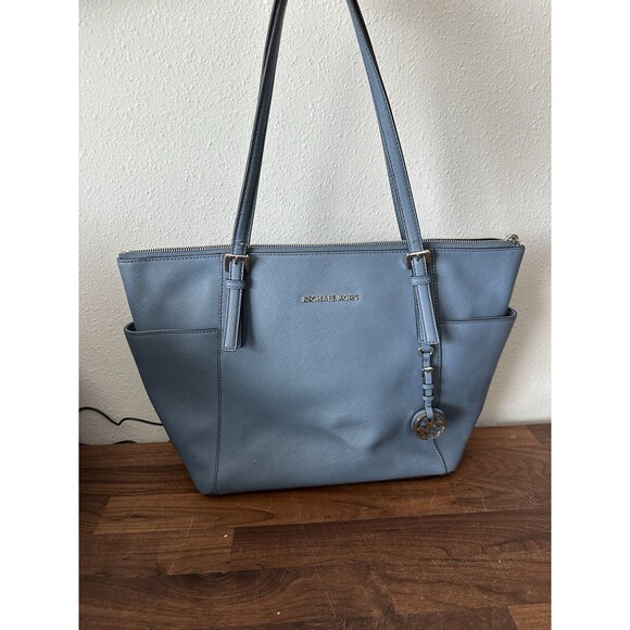 Michael Kors Jet Set Blue Tote Large Shoulder Bag Zip Top Work School - Picture 1 of 13
